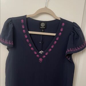 Bobeau Navy Top with Pink Embroidery/Ruffle Sleeve/V Neckline NWT